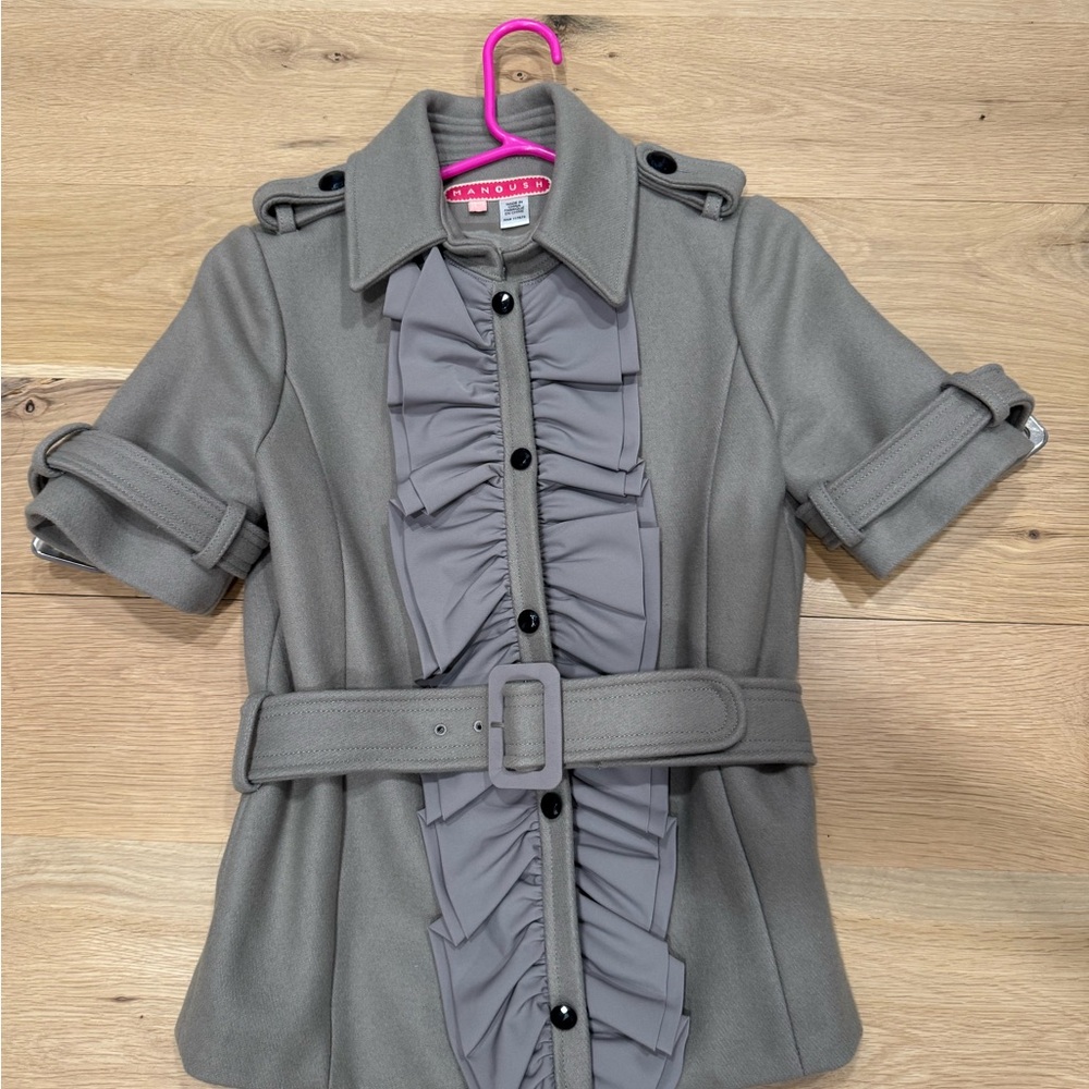 Vintage MANOUSH for ANTHROPOLOGIE Gray Ruffled Short Sleeve Wool Coat